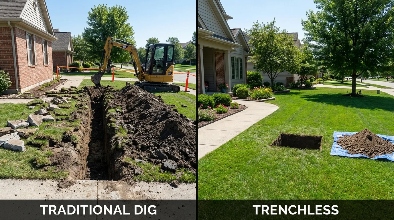 Trenchless sewer repair with minimal yard damage versus traditional excavation in Hubbard, OH