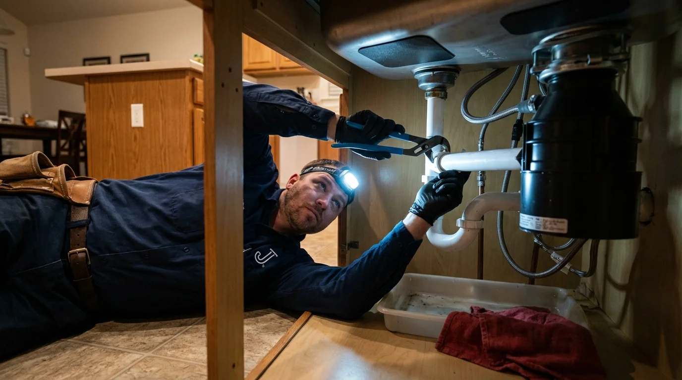 P-trap and supply line connections under a kitchen sink showing a common leak point in Hubbard, OH